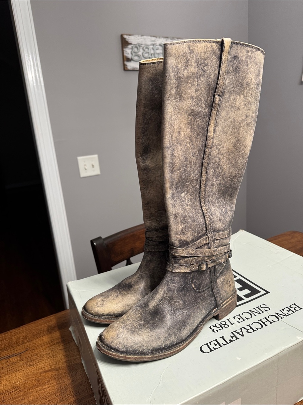 Frye Distressed Taupe Leather Knee-High Boots